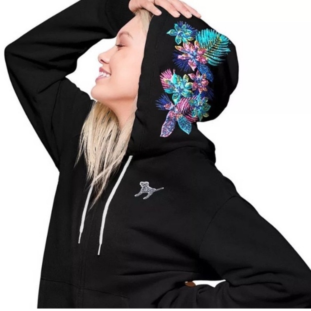 RARE PINK VS Bling Hoodie Full Zip Black Tropical Floral Sequin size XS